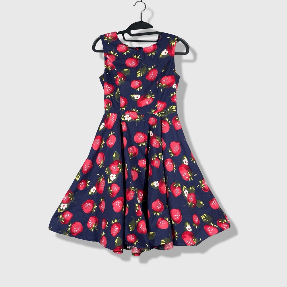 Fifties Chic Fit Flare Dress Womens S Blue Strawberry Retro Rockabilly Pin Up